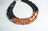Black Copper Beaded Wood Chunky Multi Strand Statement Necklace - Lisa