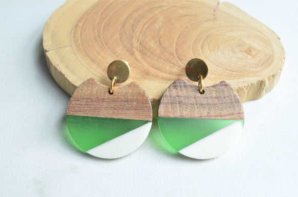 Green White Brown Lucite Wood Statement Big Earrings - Hanna