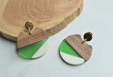 Green White Brown Lucite Wood Statement Big Earrings - Hanna