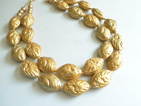 Gold Shell Acrylic Bead Multi Strand Chunky Statement Necklace - Seaside