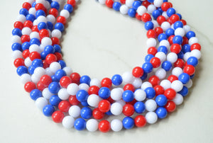 Red White Blue Acrylic Lucite Bead Chunky Multi Strand Statement Necklace - Alana