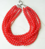 Red Beaded Acrylic Lucite Chunky Multi Strand Statement Necklace - Alana