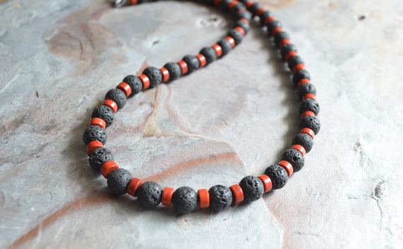 Brown Black Lava Rock Mens Bead Long Surfer Necklace - Mac