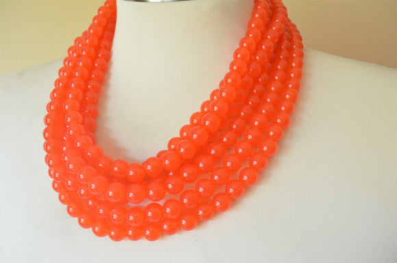 Orange Beaded Acrylic Lucite Chunky Multi Strand Statement Necklace - Alana