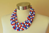 Red White Blue Acrylic Lucite Bead Chunky Multi Strand Statement Necklace - Alana