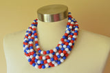Red White Blue Acrylic Lucite Bead Chunky Multi Strand Statement Necklace - Alana