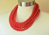 Red Beaded Acrylic Lucite Chunky Multi Strand Statement Necklace - Alana