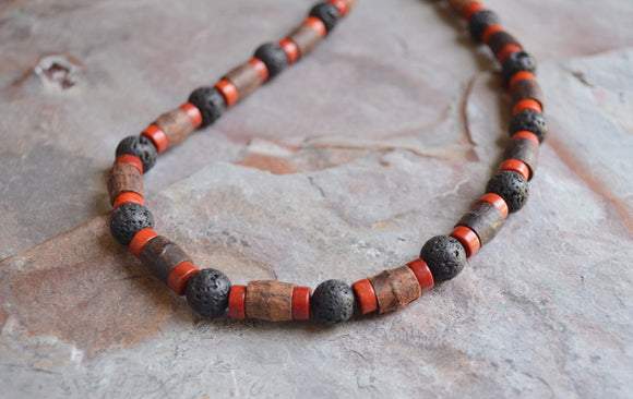 Wood Lava Rock Brown Black Mens Beaded Surfer Necklace - Rocky