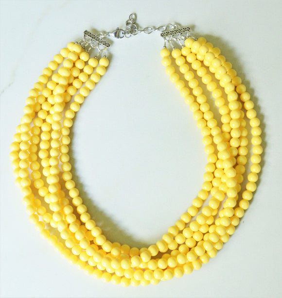 Light Yellow Acrylic Lucite Bead Chunky Multi Strand Statement Necklace - Michelle