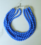 Blue Faceted Beaded Acrylic Multi Strand Chunky Statement Necklace - Angelina