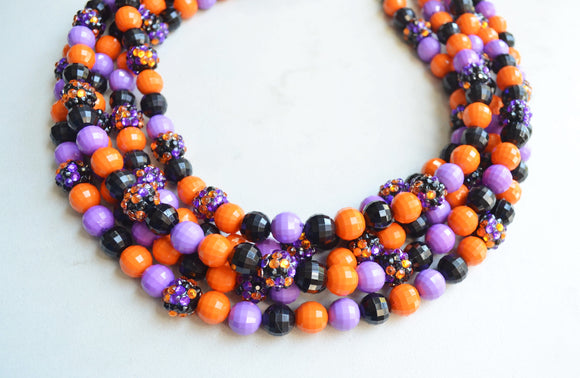 Orange Black Acrylic Beaded Halloween Multi Strand Statement Necklace - Wednesday