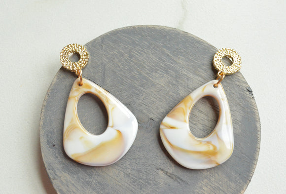 Cream White Brown Statement Acrylic Big Lucite Large Statement Earrings - Veronique