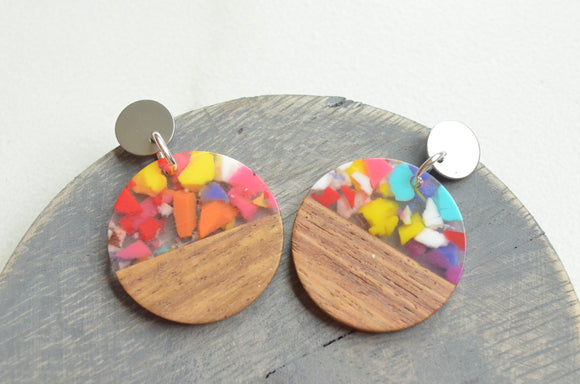 Multi Color Lucite Wood Large Colorful Statement Earrings - Orville