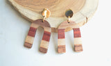 Brown Cream Wood Lucite Stripe Geometric Dangle Boho Womens Statement Earrings