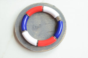 Red White Blue Acrylic Bead Lucite Tube Stretch Womens Bracelet