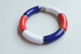 Red White Blue Acrylic Bead Lucite Tube Stretch Womens Bracelet