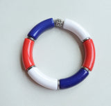 Red White Blue Acrylic Bead Lucite Tube Stretch Womens Bracelet