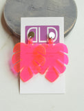 Yellow Pink Palm Leaf Lucite Big Dangle Statement Earrings - Tropicana