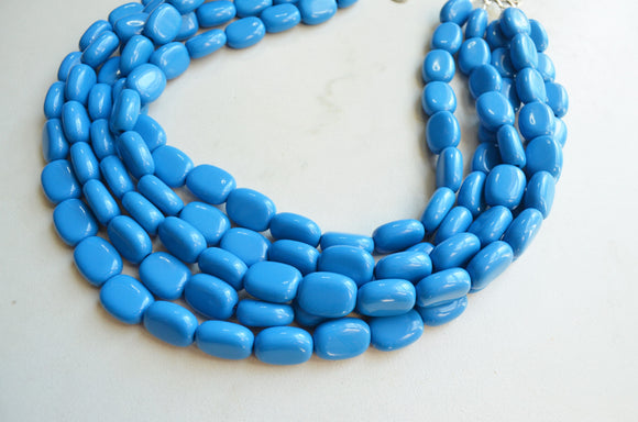 Blue Beaded Lucite Chunky Multi Strand Statement Necklace - Lauren
