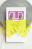 Yellow Pink Palm Leaf Lucite Big Dangle Statement Earrings - Tropicana