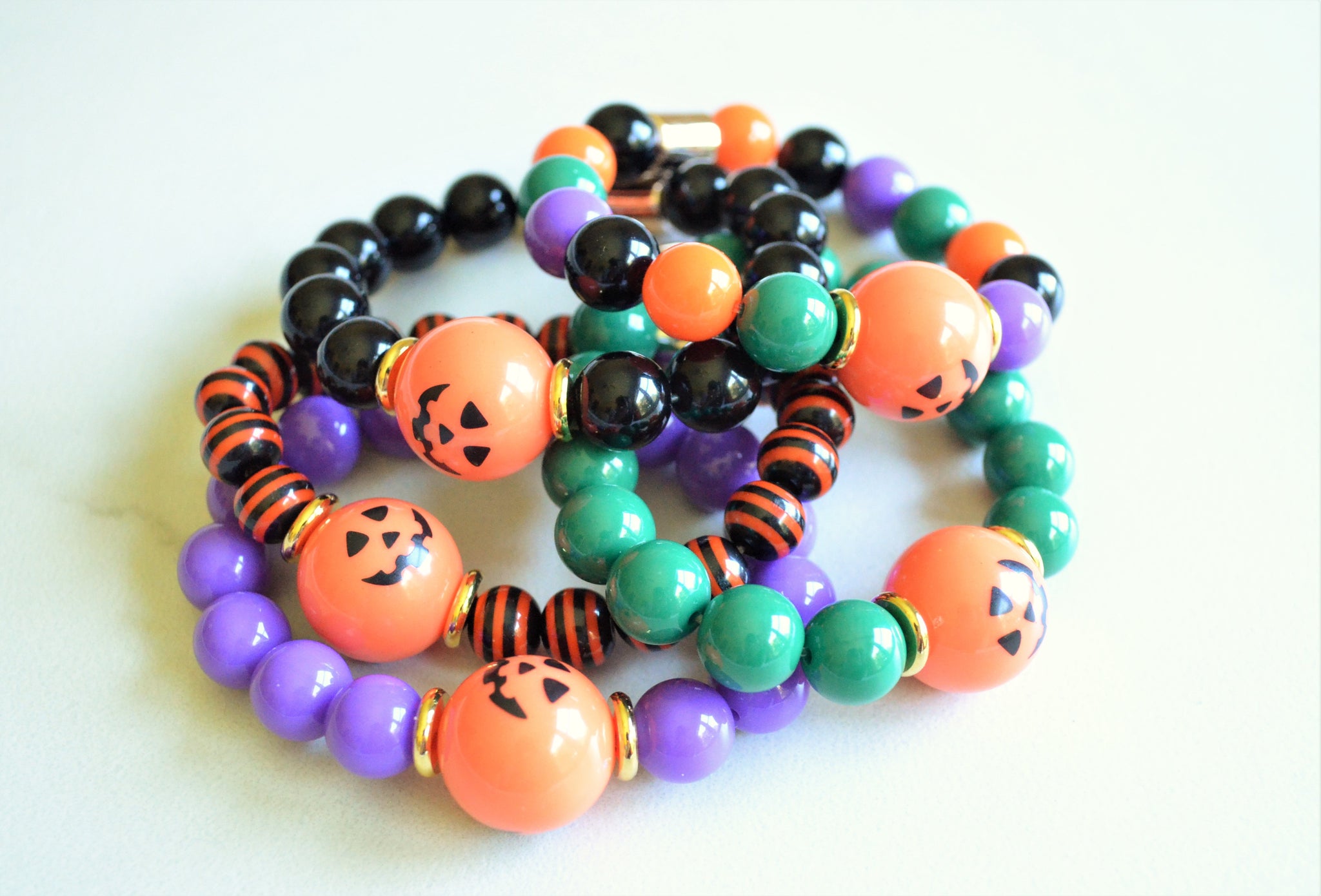 thumbnail image 2 of Fiona® Painted Jewelry Halloween Ghost Boo Bracelet – Black Glass Beads, Stretch Fit, 7.5 Inches, Handmade, Women’s Gift 2 of 5