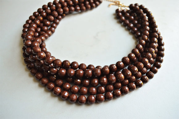 Brown Beaded Acrylic Chunky Multi Strand Statement Necklace - Angelina