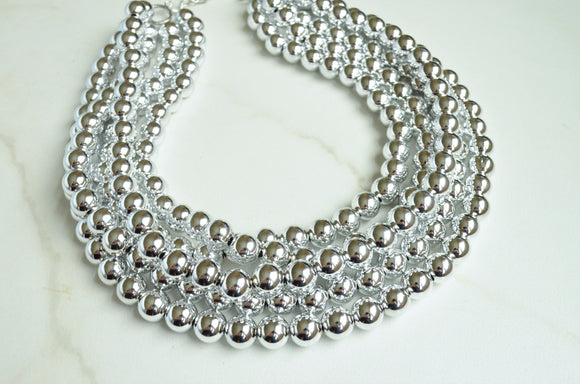 Silver Shiny Acrylic Beaded Chunky Multi Strand Statement Necklace - Alana