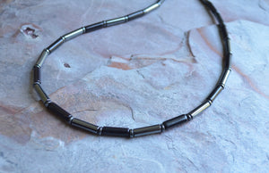 Mens Black Gray Hematite Magnesite Beaded Long Choker Necklace - Wyatt