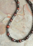 Mens Red Brown Gray Beaded Hematite Long Jasper Necklace - Marco