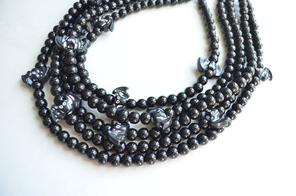 Halloween Black Bat Beaded Chunky Multi Strand Statement Necklace