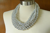 Silver Shiny Acrylic Beaded Chunky Multi Strand Statement Necklace - Alana