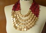 Garnet Red Gold Wood Beaded Multi Strand Statement Necklace - Regan