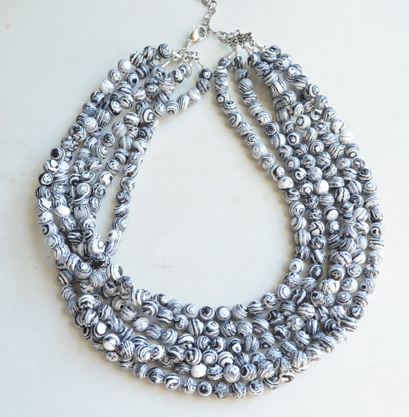Black White Chunky Bead Animal Print Multi Strand Statement Necklace - Michelle