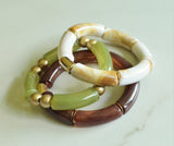 Green Brown Ivory Acrylic Bead Lucite Tube Stretch Womens Bracelet