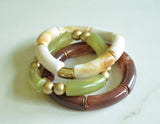 Green Brown Ivory Acrylic Bead Lucite Tube Stretch Womens Bracelet
