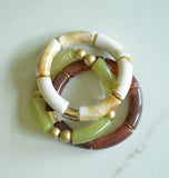 Green Brown Ivory Acrylic Bead Lucite Tube Stretch Womens Bracelet