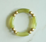 Green Brown Ivory Acrylic Bead Lucite Tube Stretch Womens Bracelet