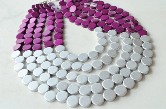 Purple Silver Wood Beaded Statement Chunky Multi Strand Necklace - Regan