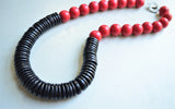 Red Black Chunky Wood Beaded Long Statement Necklace - Elena