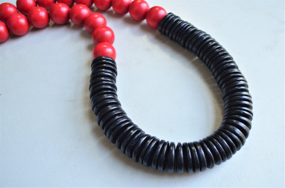 Red Black Chunky Wood Beaded Long Statement Necklace - Elena