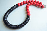 Red Black Chunky Wood Beaded Long Statement Necklace - Elena