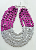 Purple Silver Wood Beaded Statement Chunky Multi Strand Necklace - Regan
