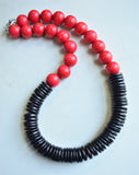 Red Black Chunky Wood Beaded Long Statement Necklace - Elena