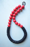 Red Black Chunky Wood Beaded Long Statement Necklace - Elena