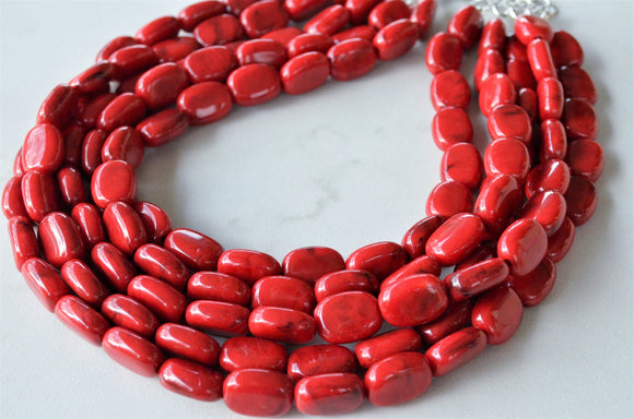 Red Beaded Lucite Big Chunky Multi Strand Statement Necklace - Lauren