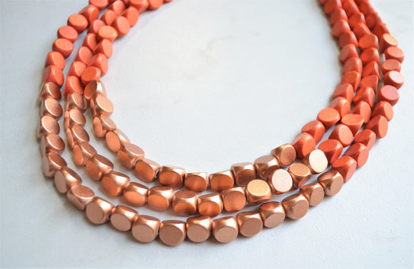 Orange Gold Beaded Wood Multi Strand Chunky Boho Statement Necklace - Lisa