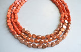 Orange Gold Beaded Wood Multi Strand Chunky Boho Statement Necklace - Lisa