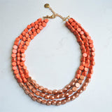 Orange Gold Beaded Wood Multi Strand Chunky Boho Statement Necklace - Lisa