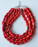 Red Beaded Lucite Big Chunky Multi Strand Statement Necklace - Lauren