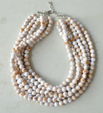 White Brown Acrylic Lucite Bead Chunky Multi Strand Womens Statement Necklace - Alana